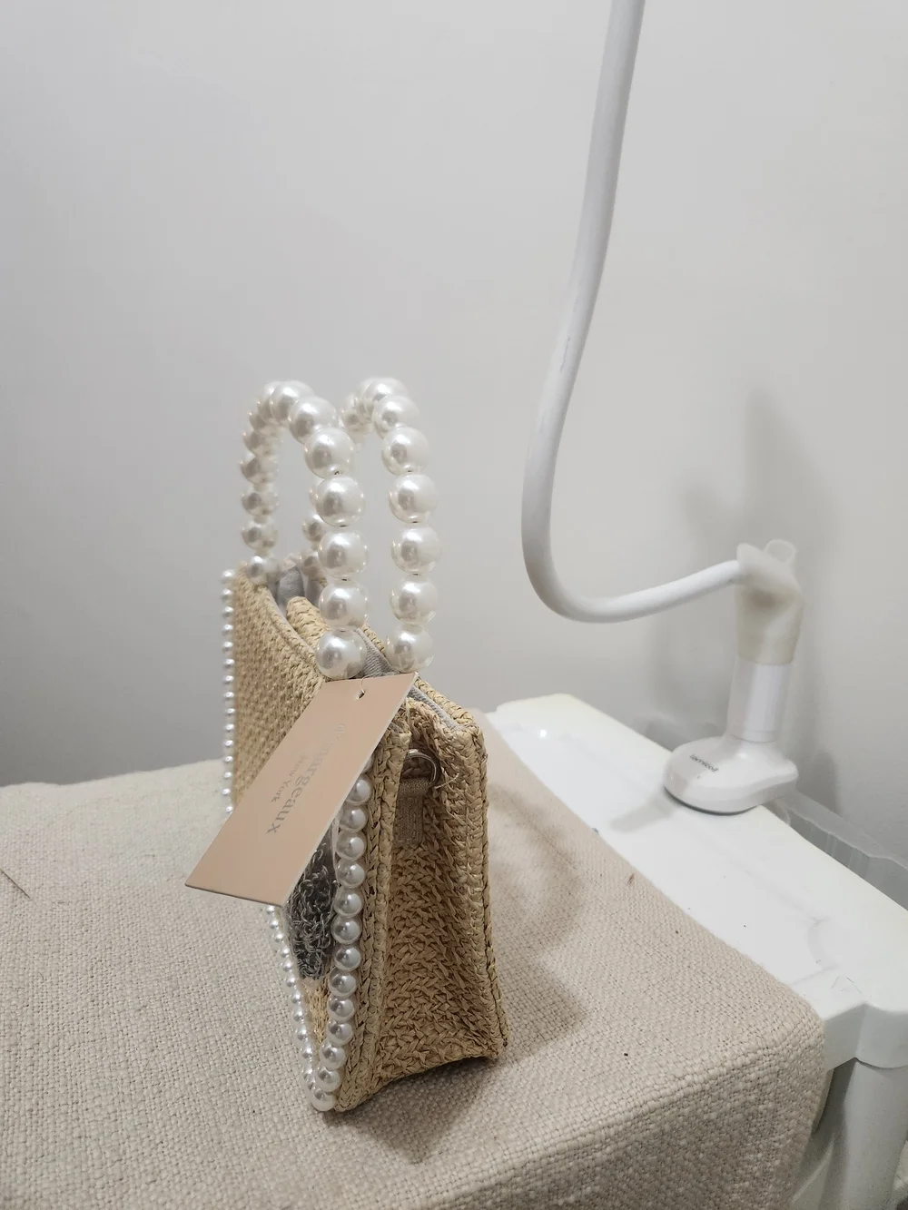 Pearl-Trim Straw Tote Bag in Cream! - Picture 2 of 8